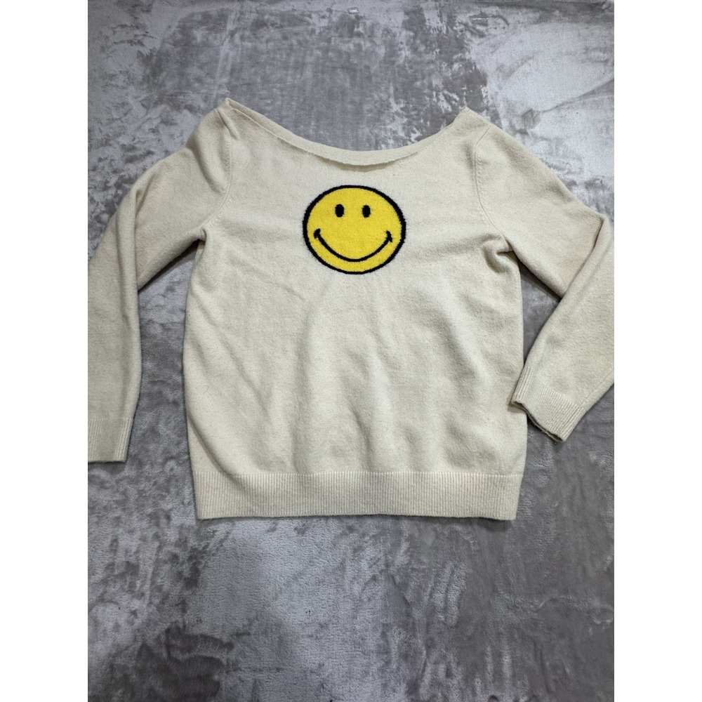 GAP Sweater Women's Size Large Ivory With Yellow Smiling Face Cut Off Collar EUC